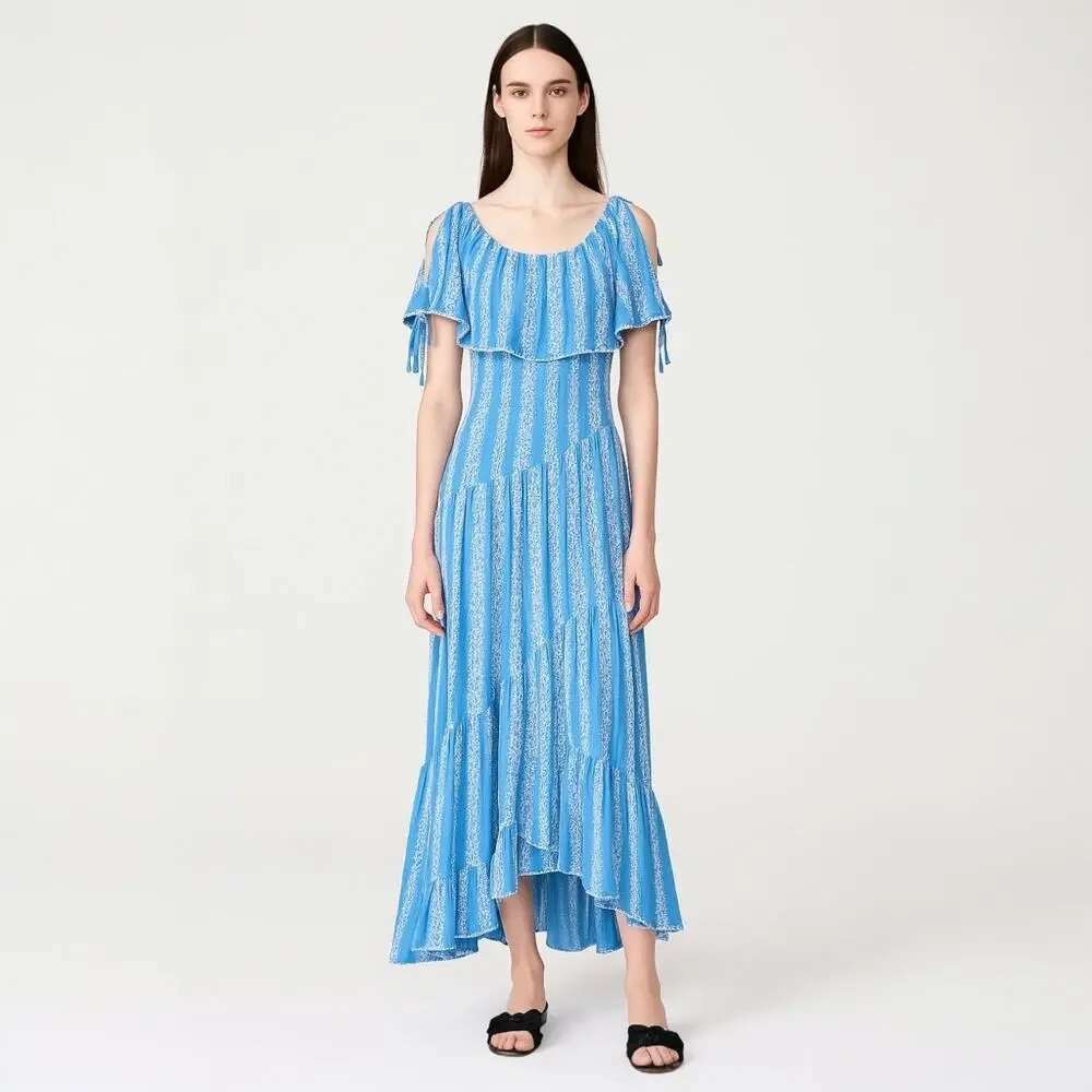 Tory Burch Runway 2019 Blue Embroidered Floral Striped Scoop Neck Midi Dress M